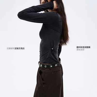 COMMEUNTISSU 铜氨丝针织圆领长袖上衣褶皱设计感打底衫