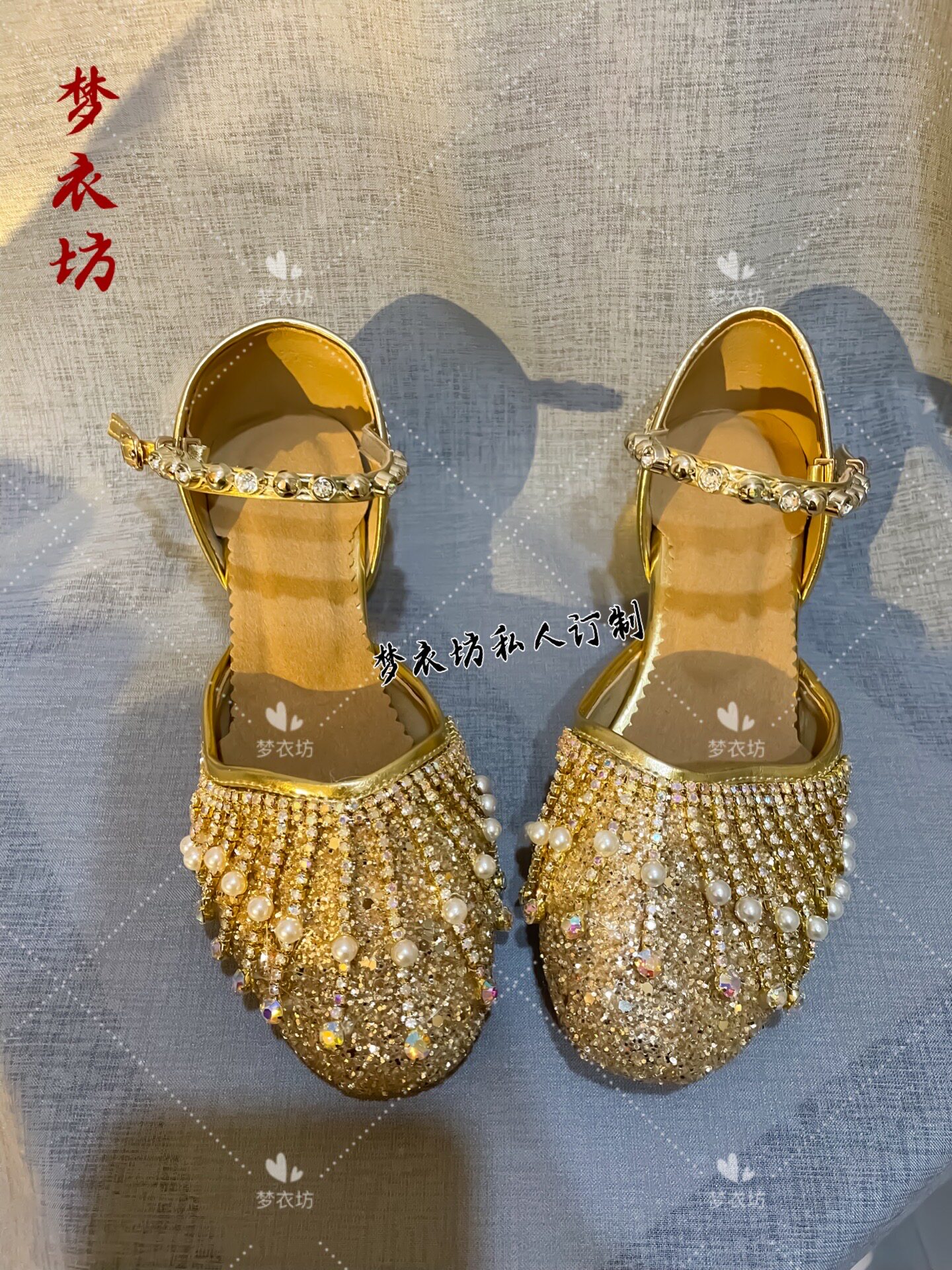 私人定制女童金色水晶鞋公主鞋女童高跟鞋单鞋