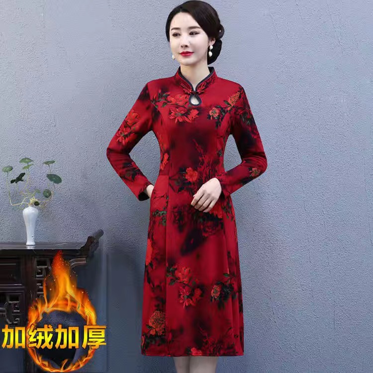 2024春d秋新款改良版旗袍裙中老年妈妈冬季加绒加厚连衣裙过膝显