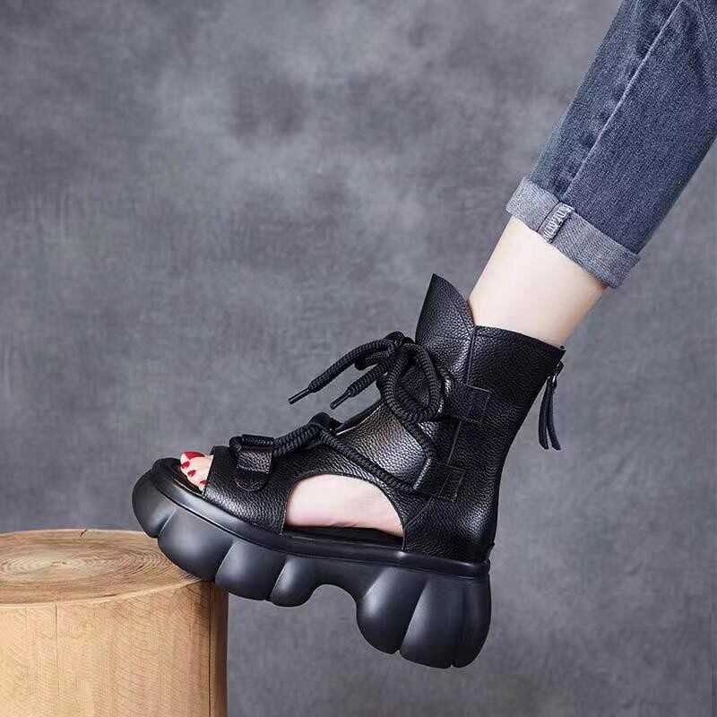 坡跟厚底真皮高帮鱼嘴休闲短靴