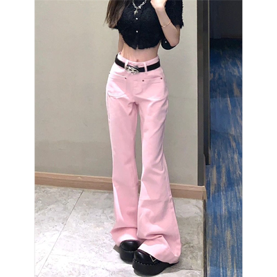 美式复古粉色微喇牛仔裤女夏季高腰显瘦辣妹小众设计感喇叭拖地裤