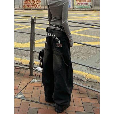 美式复古印花阔腿牛仔裤女夏季高街宽松bf慵懒风松弛感弯刀工装裤