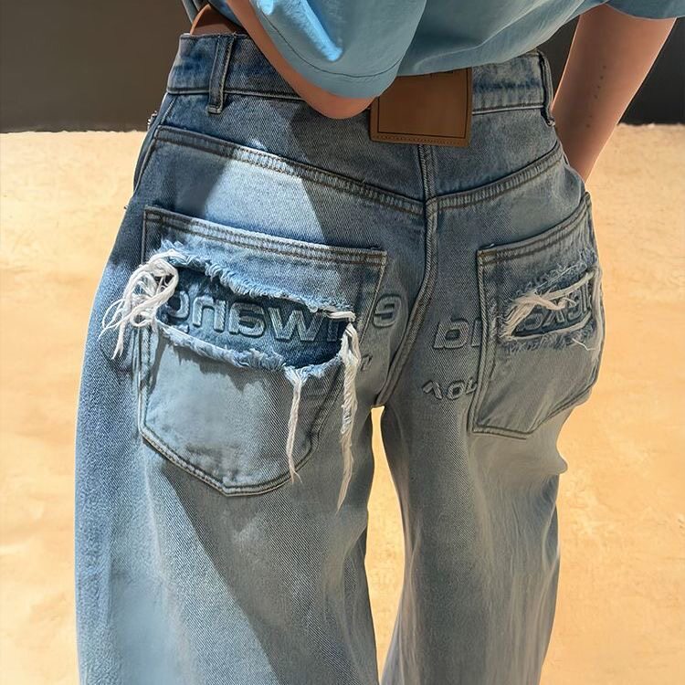 美式辣妹设计感微标口袋牛仔裤子女秋冬季款复古宽松百搭拖地裤潮