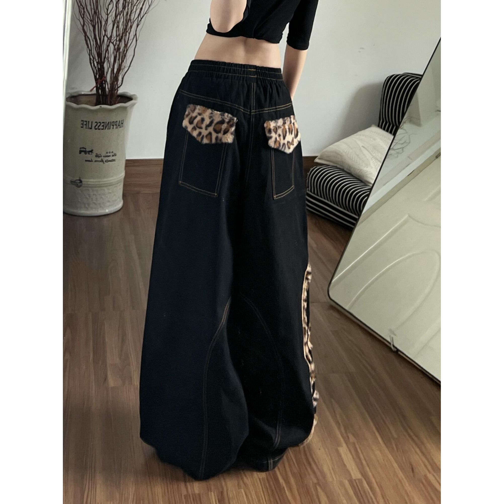 美式辣妹豹纹拼接牛仔裤