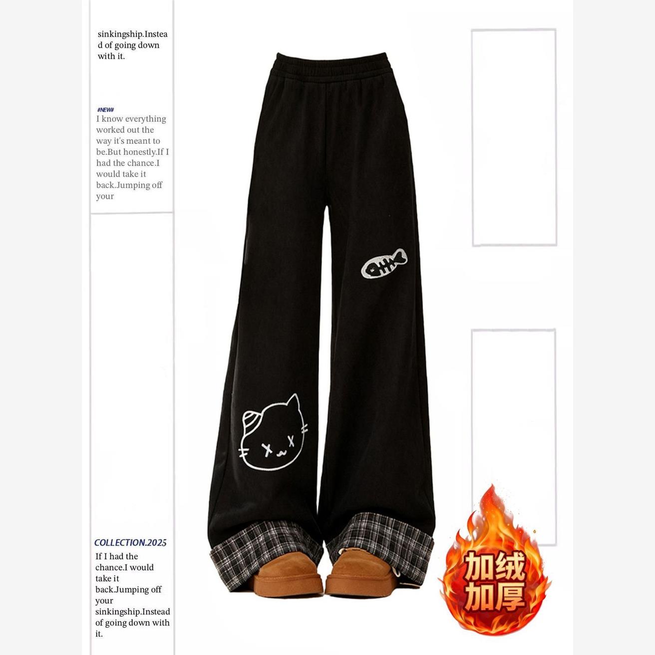 猫咪刺绣黑色裤子休闲裤