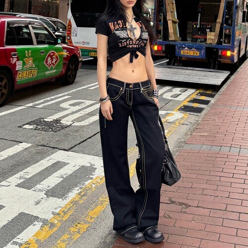 美式高街辣妹绝美粗线神裤子低腰