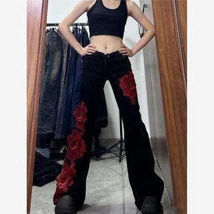 子女设计感玫瑰拼接喇叭长裤 显瘦微喇牛仔裤 高街y2k辣妹修身 美式