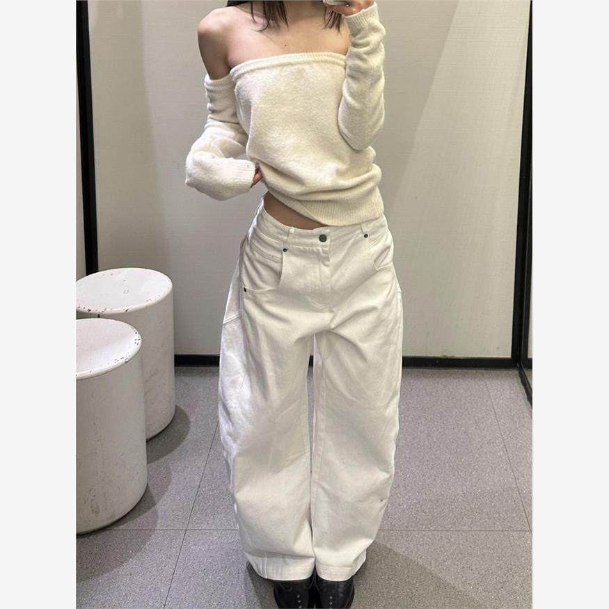 美式复古白色弯刀牛仔裤女秋冬款高街设计感宽松显瘦垂感阔腿裤子,女装/女士精品,牛仔裤,淘宝优惠券,粉丝福利购,淘宝优惠卷