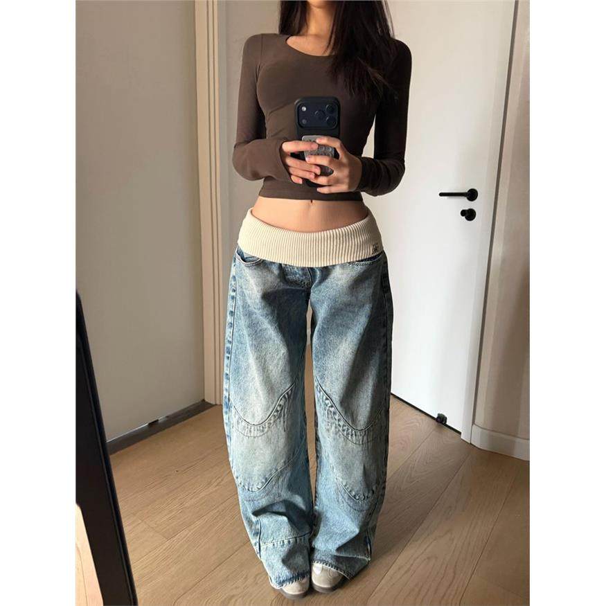 美式复古螺纹腰头直筒牛仔裤女秋冬款高街设计感宽松显瘦阔腿裤子