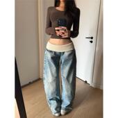 美式 子 高街设计感宽松显瘦阔腿裤 复古螺纹腰头直筒牛仔裤 女秋冬款