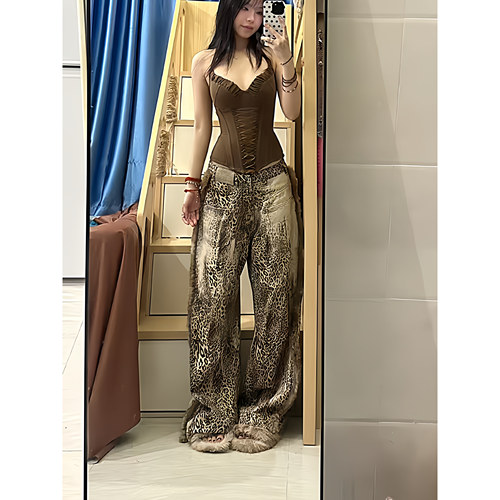 美式复古低腰豹纹弯刀牛仔裤女