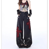 女高街设计亚感宽松直筒阔腿拖地裤 美式 复古破洞拼接红格子牛仔裤