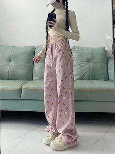韩版粉色小熊印花牛仔裤小个子高街学生显瘦直筒休闲裤子阔腿长裤