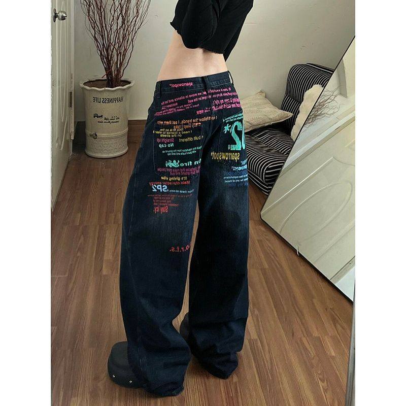 美式复古彩色字母标语阔腿牛仔裤女秋冬宽松街头休闲直筒拖地长裤