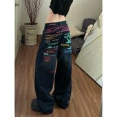 女秋冬宽松街头休闲直筒拖地长裤 美式 复古彩色字母标语阔腿牛仔裤