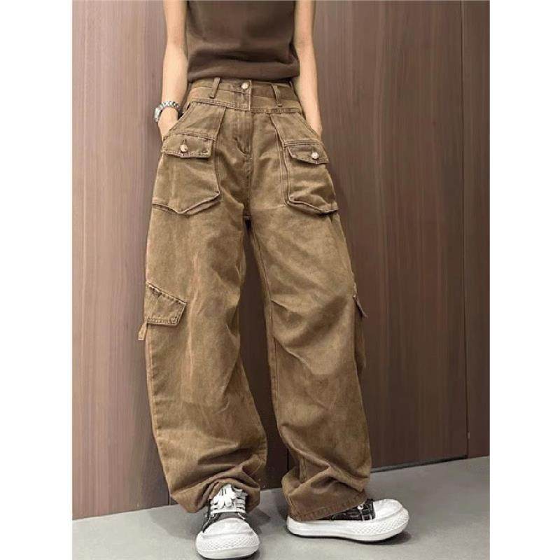 美式复古重工多口袋美拉德棕色工装裤子女2025春辣妹弯刀拖地长裤,女装/女士精品,牛仔裤,淘宝优惠券,粉丝福利购,淘宝优惠卷