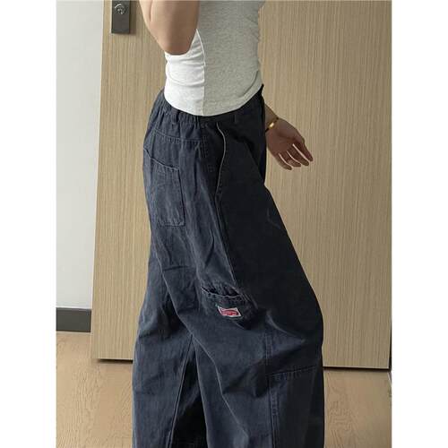 美式复古街头阔腿工装牛仔裤女小众炸街裤高腰宽松显瘦弯刀直筒裤