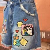 童趣卡通印花牛仔短裤 子 拼接格子设计毛边直筒中裤 女2025夏季 新款