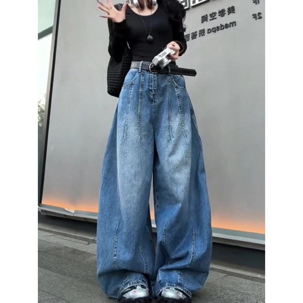 美式复古解构弯刀牛仔裤女秋冬款高街设计感宽松显瘦垂感阔腿裤子