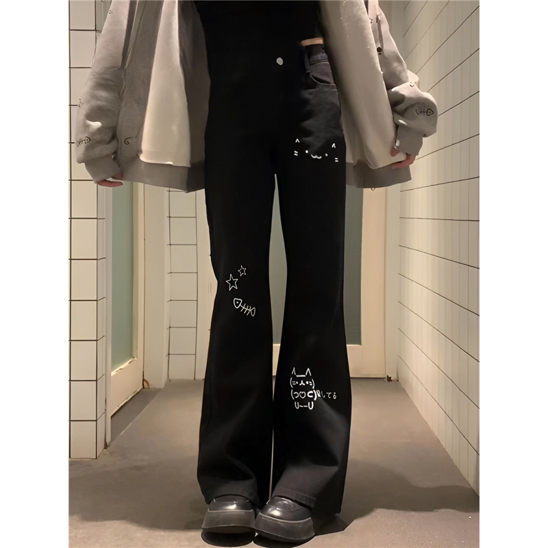 美式vibe水洗印花微喇叭牛仔裤女显瘦辣妹不贴腿显瘦坠感长裤子潮