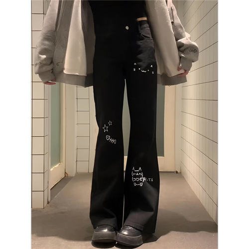 美式vibe水洗印花微喇叭牛仔裤女显瘦辣妹不贴腿显瘦坠感长裤子潮