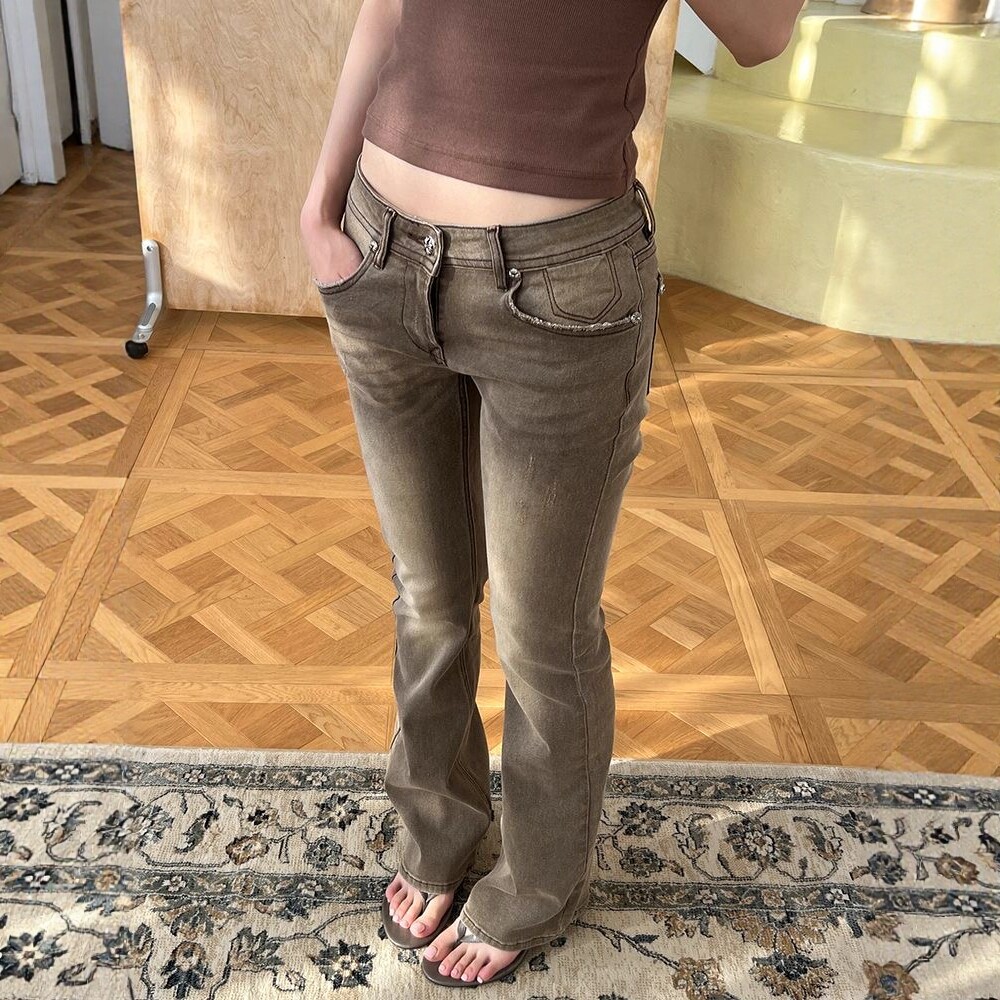美式复古y2k千禧风辣妹低腰牛仔裤子女水洗美拉德棕色猫须拖地裤