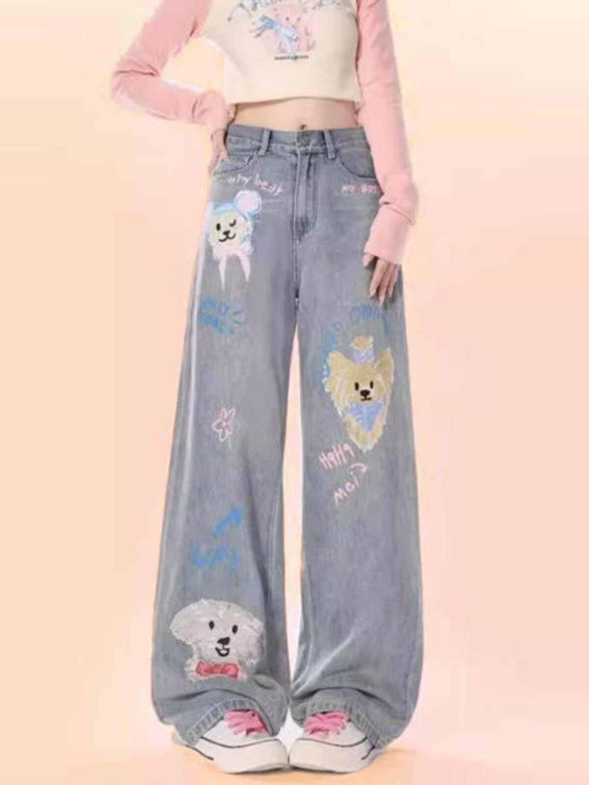 HIGH STREET RETRO CARTOON CAT & DOG EMBROIDERY PATCH WIDE LEG JEANS WOMENS AUTUMN AND WINTER NEW NATIONAL TIDE STUDENT STRAIGHT LEG TROUSERS