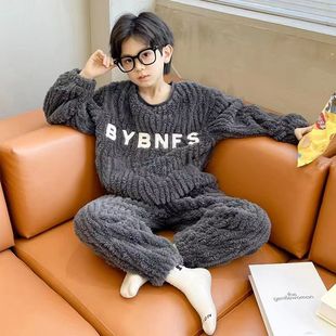 全棉纯棉男童秋冬季 法兰绒男孩中大童套头儿童家 睡衣珊瑚绒加厚款