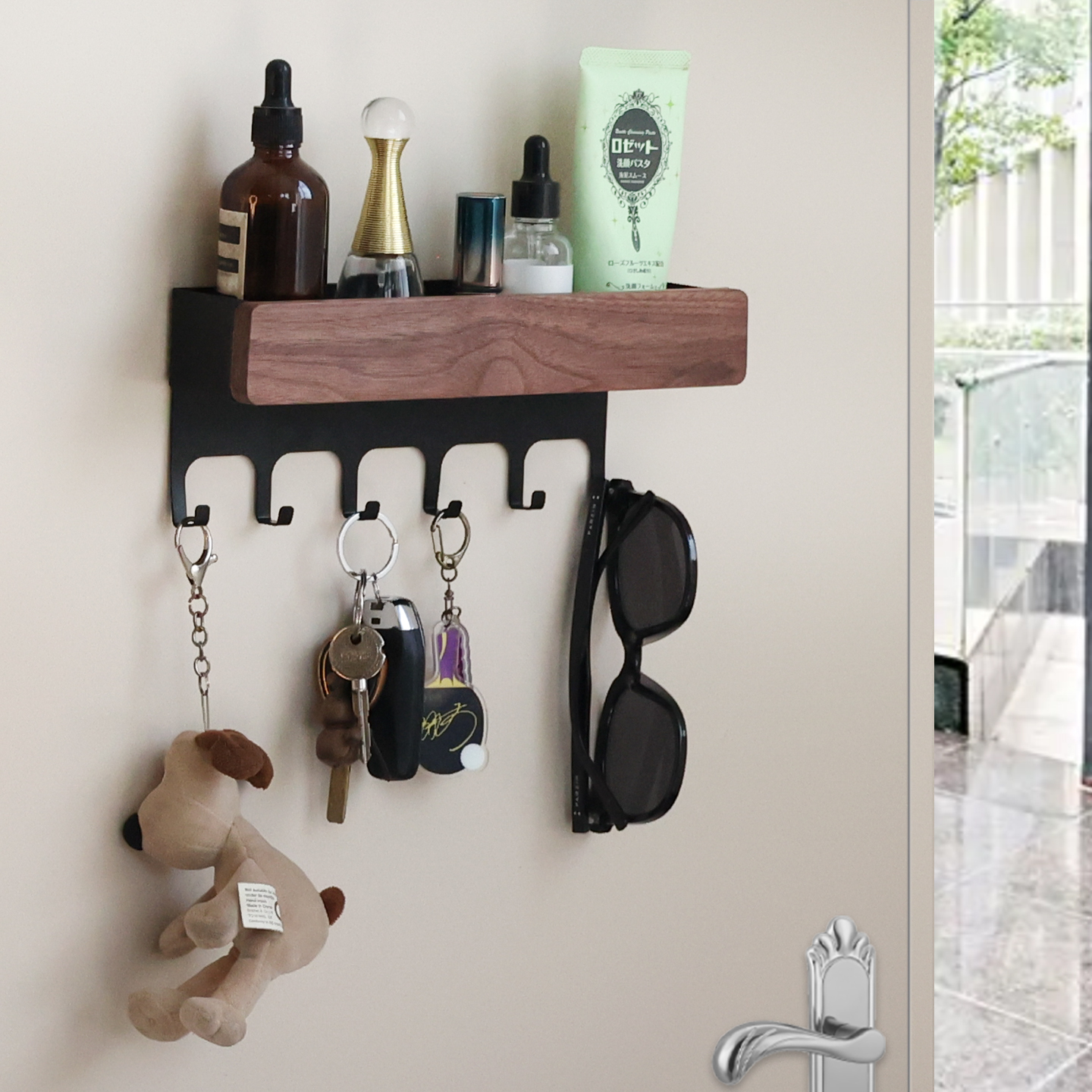 胡桃木壁挂置物架入户门后玄关磁吸钥匙挂钩磁铁化妆品收纳免打孔