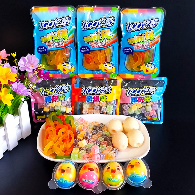 悠酷酸块糖mini绳水果味混合糖长条橡皮糖酸甜儿童休闲小零食散装