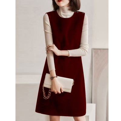 羊毛马甲连衣裙2025秋冬新款中长款打底裙无袖毛呢背心裙毛呢裙