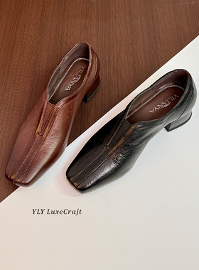 复古中跟深口单鞋女通勤百搭弹力带英伦风黑色小皮鞋2026春季新款