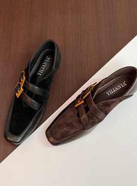 黑色小皮鞋女大码英伦复古粗跟中口气质单鞋女款皮带扣方头新款