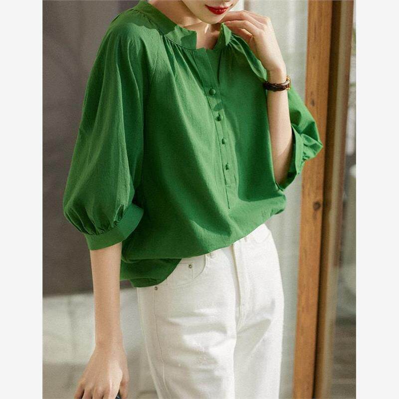 跨境日系2023新款法系少女减龄泡泡袖衬衫女宽松盐缩娃娃款上衣