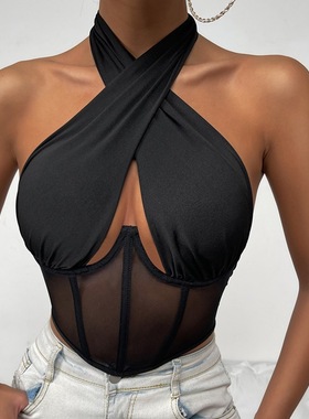 Cross Halter Corset Bustier Mesh Bone Tank Tops Women小背心