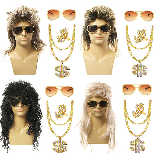 万圣节假发80s朋克嬉皮迪斯科COS派对假发欧美男士卷发摇滚长卷发