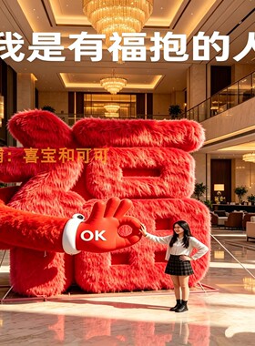 网红毛绒福字互动打卡摆件