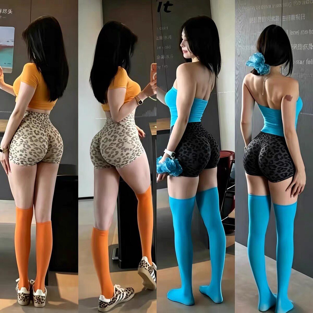 豹纹高腰无缝健身瑜伽短裤女三分裤蜜桃提臀紧身裤高弹运动跑步