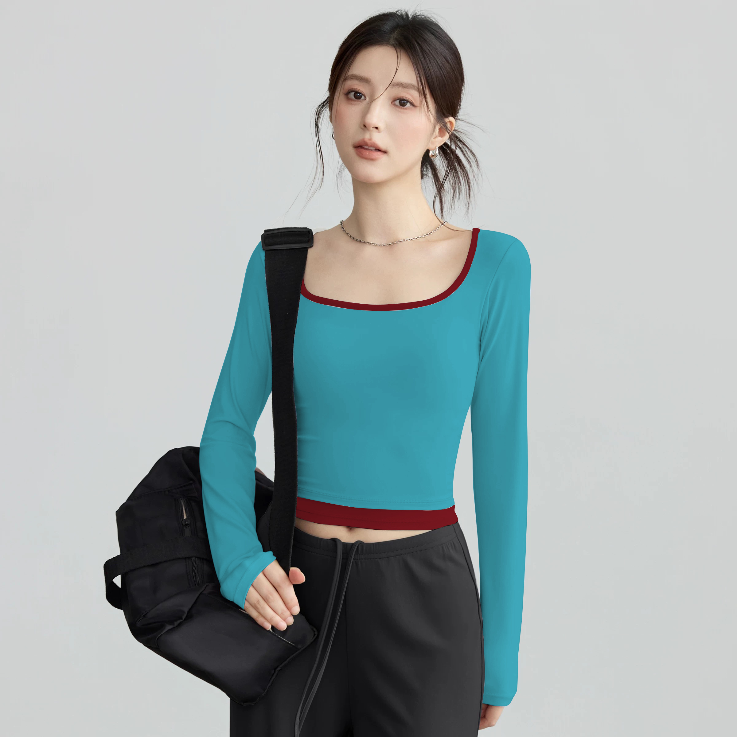 秋冬新款撞色方领长袖T恤瑜伽服