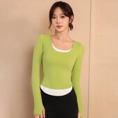 健身T恤 女速干跑步修身 运动固定式 胸垫假两件撞色瑜伽服长袖