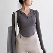 女子跑步弹力修身 连帽显瘦紧身长袖 运动T恤打底衫 瑜伽速干健身服