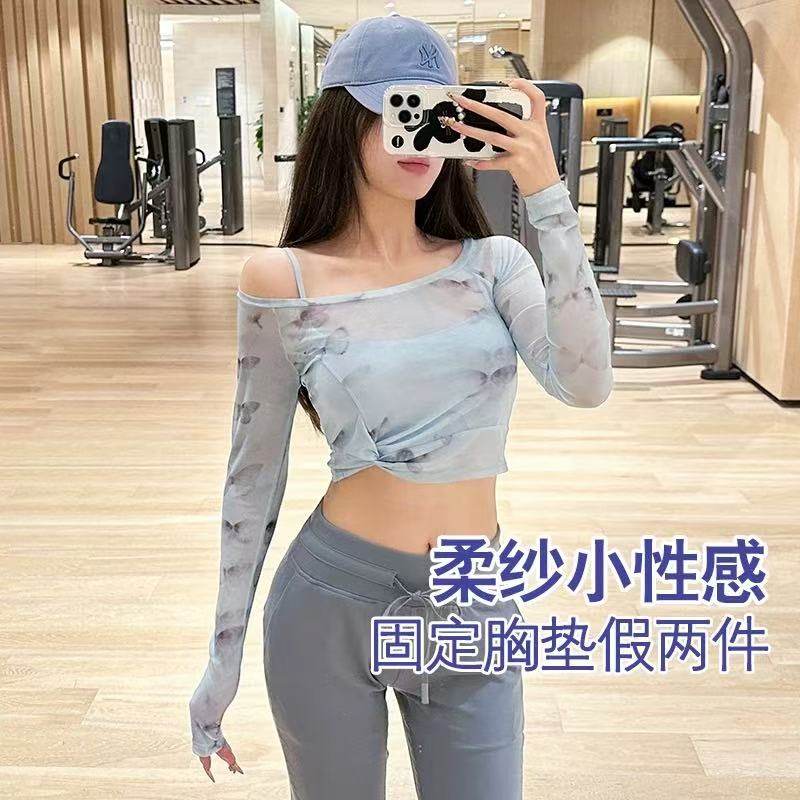 假两件蝴蝶网纱运动上衣普拉提瑜伽服长袖固定式胸垫速干健身服