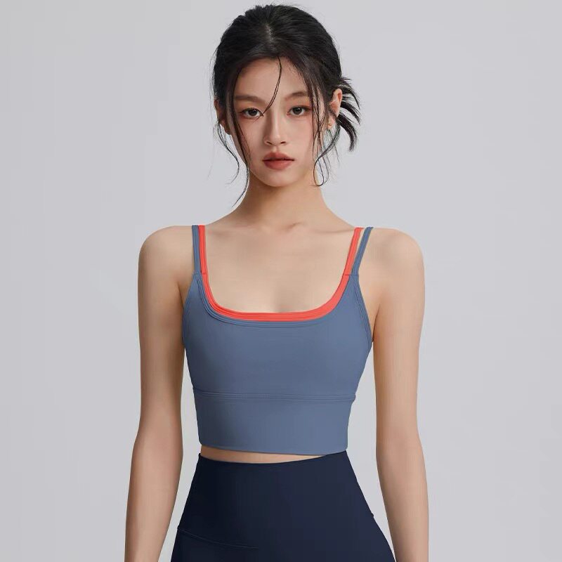 高度聚拢定型夏季专业运动跑步瑜伽背心式美背健身撞色双肩带美背