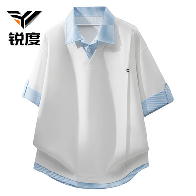 假两件条纹短袖T恤男士2026年拼接翻领夏季新款港风潮流POLO衫