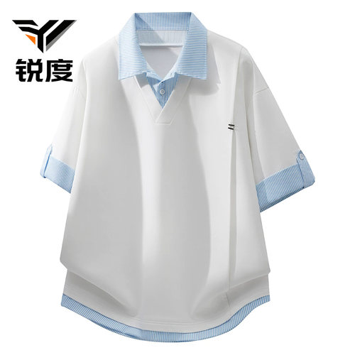 假两件条纹短袖T恤男士2026年拼接翻领夏季新款港风潮流POLO衫