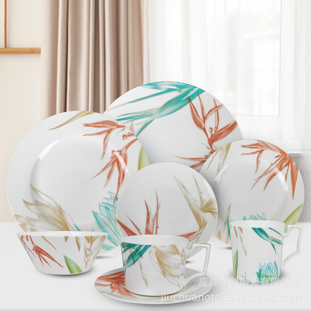 骨质瓷盘中式手绘彩荷餐具酒店西餐牛排碟创意家用装饰盘骨瓷