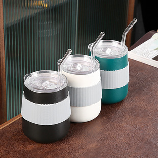 兆麟陶瓷茶杯茶具咖啡杯饮料杯子水杯家用带盖简约泡茶器吸管杯子