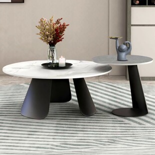 轻奢岩板圆形茶几边几组合现代简约小户型客厅家用大小圆茶几桌