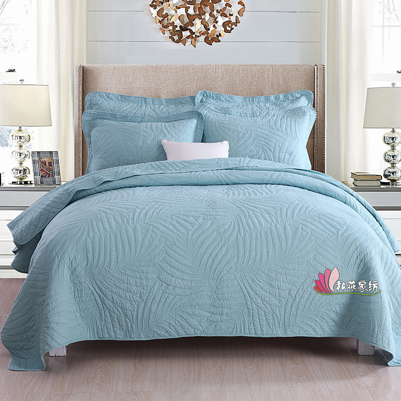 跨境亚马逊床品三件套纯色绣花纯棉床盖套绗缝被透气热销