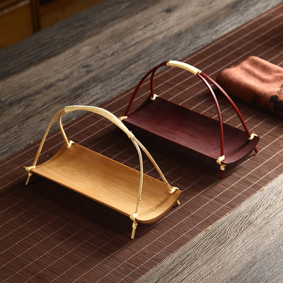 越南手工竹编提篮圆形小竹篮子创意家用小吊篮水果篮零食茶点盘糕